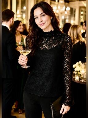 J.Crew Black Lace Bow Detail Top Size 2 Sheer Romantic Gothic Chic Luxe NWOT
